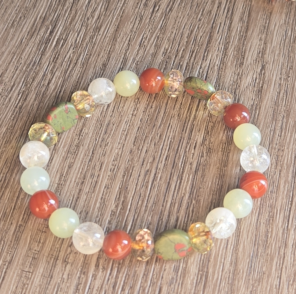 Unakite, White Jade, Carnelian & Citrine Stretch Bracelet | Faceted Glass Accent